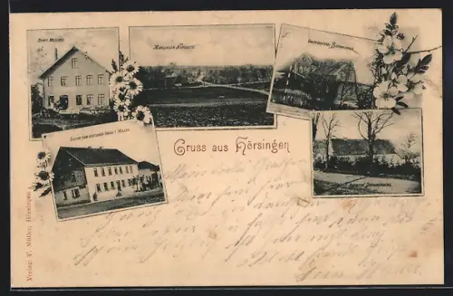 AK Hörsingen, Gasthof z. Deutschen Hause von F. Müller, Dampf Molkerei, Oberförsterei Bischofswald