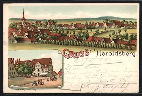 Lithographie Heroldsberg, Gasthof zum Bären von Fritz Schuster, Ortsansicht