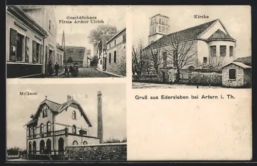AK Edersleben bei Artern, Geschäftshaus Firma Arthur Ulrich, Kirche, Molkerei