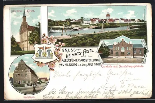 AK Mühlberg / Elbe, Festpostkarte Heimatfest 1901, Altertümer-Ausstellung, Turnhalle, Rathaus, Wappen