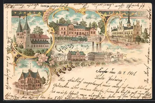 Lithographie Frose, Bahnhof, Eisenbahn, Bendix-Stift, Anhaltische Kohlenwerke, Postamt