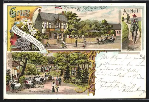Lithographie Gross-Königsdorf, Restaurant Tivoli vor dem Walde von N. Gonner, Radfahrer-Station