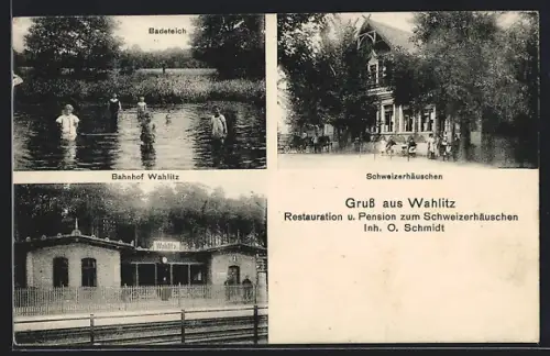 AK Wahlitz, Bahnhof, Gasthaus Schweizerhäuschen, Inh. O. Schmidt, Badeteich