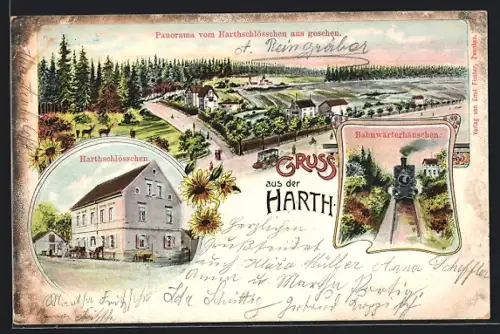 Lithographie Harth, Harthschlösschen, Panorama vom Harthschlösschen gesehen, Bahnwärterhäuschen