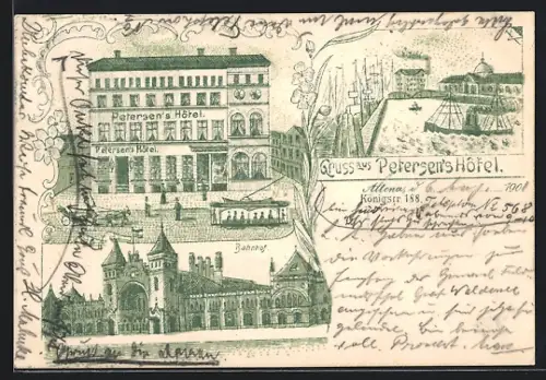 Lithographie Hamburg-Altona, Petersen`s Hotel, Bahnhof, Hafenpartie