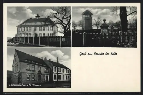 AK Bornitz bei Zeitz, GeschäftshausO. Ulbrich, Schule, Denkmal