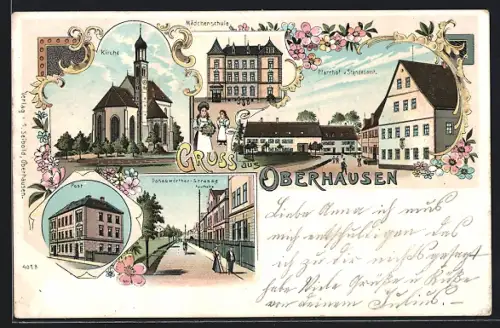 Lithographie Oberhausen /Augsburg, Donauwörther Strasse mit Apotheke, Pfarrhof Standesamt, Mädchenschule, Kirche, Post