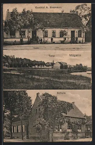 AK Mögelin / Premnitz, Gasthof A. Seemann, Schule, Ortspanorama