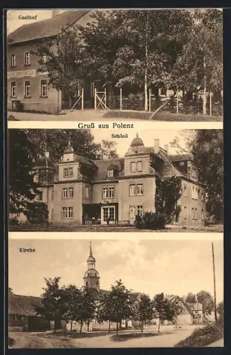 AK Polenz / Brandis, Gasthof zum Heitern Blick, Bes. Robert Mieth, Schloss, Kirche