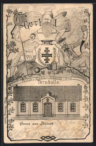 Lithographie Altdorf / Nürnberg, Turnhalle, Turner mit Horn und Flagge