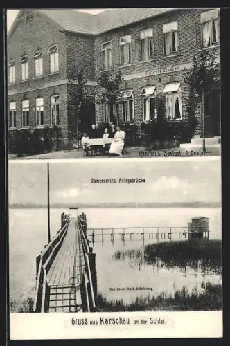AK Karschau / Schlei, Gasthaus Seelust, Inh. P. Deslei, Dampfschiffs-Anlegebrücke