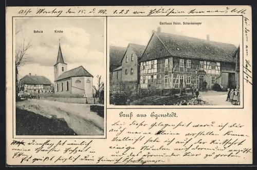 AK Egenstedt, Gasthaus Heinr. Schenkemeyer, Schule, Kirche