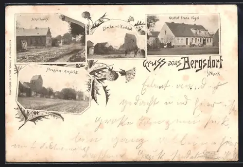 AK Bergsdorf i. Mark, Gasthof Franz Vogel, Schulhaus, Kirche mit Kirchhof