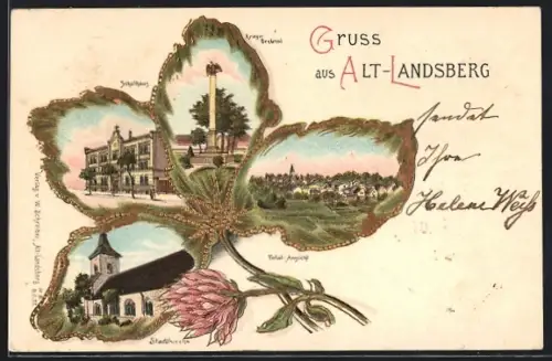Passepartout-Lithographie Alt-Landsberg, Rathaus, Schulhaus, Kriegerdenkmal, Ortsansicht