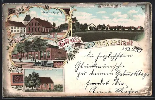 Lithographie Drackenstedt, Bahnhof, Kirche, Schule