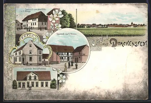 Lithographie Drackenstedt, Gasthof F. Thiess, Gasthof z. alten Fritz v. G. Meyer, Laucke`s Geschäftshaus