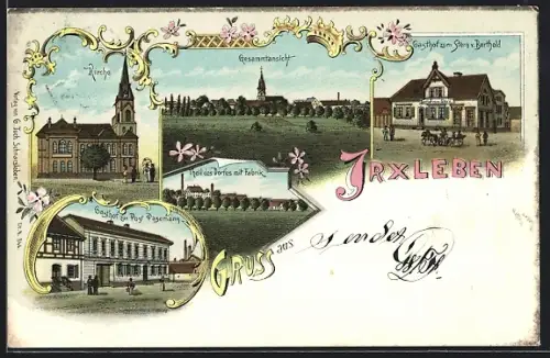 Lithographie Irxleben, Gasthof zum Stern, Gasthof zur Post, Kirche