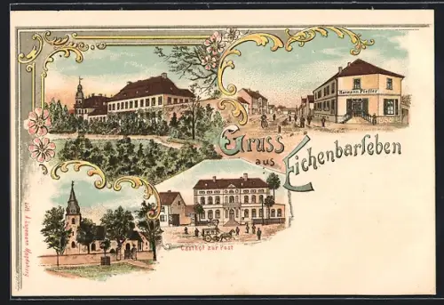 Lithographie Eichenbarleben, Gasthof zur Post, Handlung von H. Pfeffer