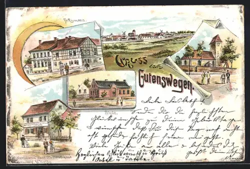 Lithographie Gutenswegen, Materialien- u. Branntweinverkauf v. M. Heite, Gasthof Fr. Riemann, Schule, Kirche