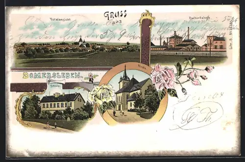 Lithographie Domersleben, Schule, Zuckerfabrik, Kirche