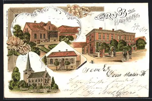 Lithographie Barneberg, Strassenpartie im Ort, Kirche