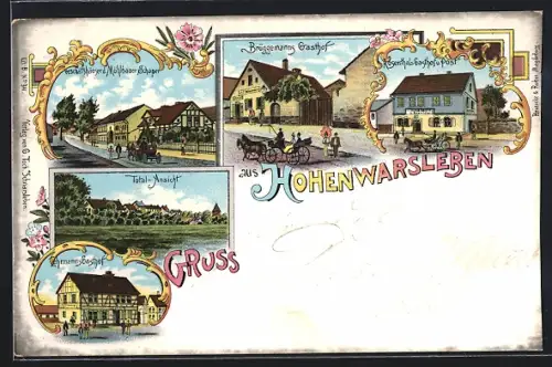 Lithographie Hohenwarsleben, Brüggemanns Gasthof, Rosenthals Gasthof und Post