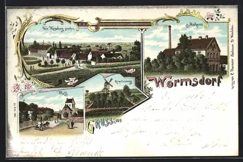 Lithographie Wormsdorf, Molkerei, Kirschenberg mit Mühle, Platz
