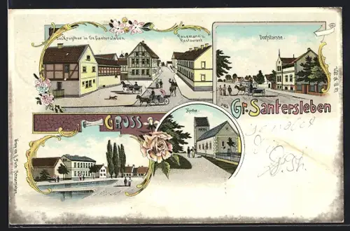 Lithographie Gr. Santersleben, Pasemann`s Restaurant, Das Krugthor, Dorfstrasse, Kirche