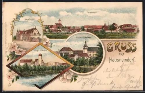Lithographie Hausneindorf, Kirche und Pfarrhaus, Neue Schule, Königl. Domaine