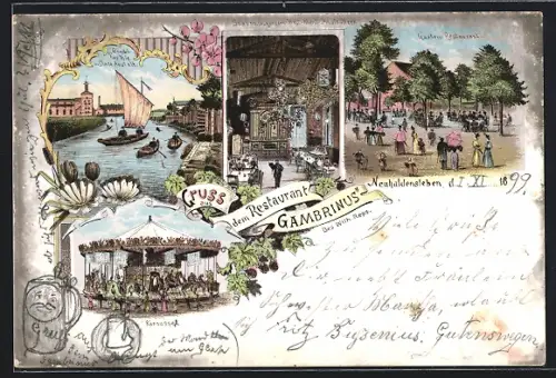 Lithographie Neuhaldensleben, Restaurant Gambrinus, Badeanstalt, Karussell