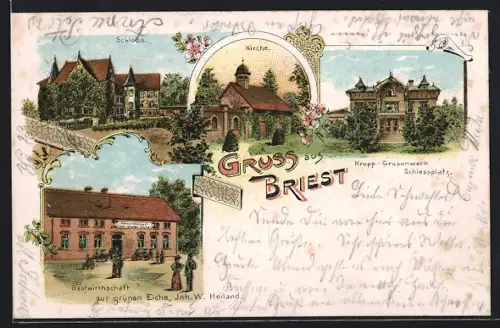 Lithographie Briest / Tangerhütte, Krupp-Grusonwerk, Schiessplatz, Gasthaus zur grünen Eiche, Schloss