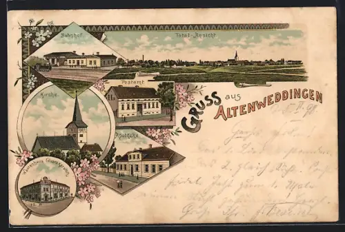 Lithographie Altenweddingen, Totalansicht, Bahnhof, Postamt, Kirche