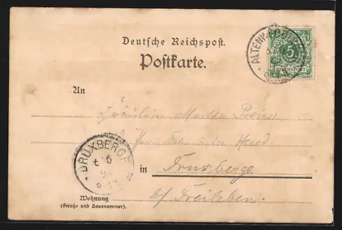 Lithographie Altenweddingen, Totalansicht, Bahnhof, Postamt, Kirche