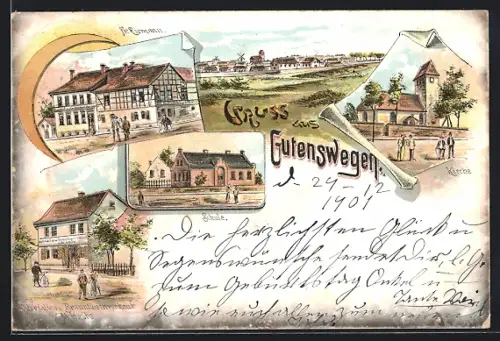 Lithographie Gutenswegen, Gasthof zum deutschen Kaiser, Schule, Kirche