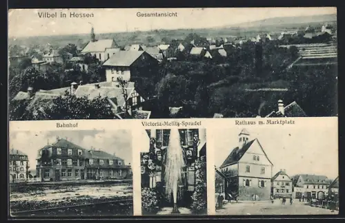 AK Vilbel in Hessen, Bahnhof, Victoria-Melita-Sprudel, Rathaus m. Marktplatz, Gesamtansicht