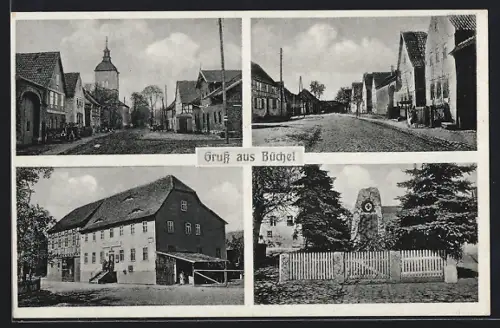 AK Büchel / Thüringen, Kriegerdenkmal, Strassenpartie, Blick zur Kirche