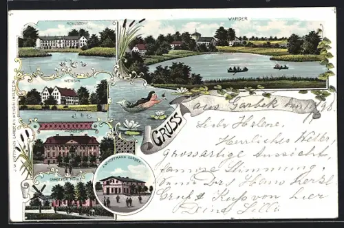 Lithographie Wensin, Geschäft von J.W. Hoffmann, Garbeker Mühle, Schlösser Rohlsdorf, Wensin und Pronstorf, Warder