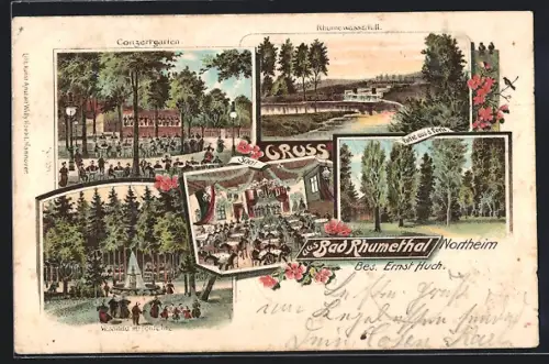 Lithographie Northeim, Hotel Bad Rhumethal, Inneres Saal, Veranda mit Fontaine, Konzertgarten