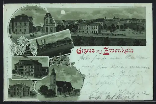 Mondschein-Lithographie Zwenkau, Pegauer Platz mit Marktstrasse, Kirche mit Kriegerdenkmal, Rathaus u. Schule
