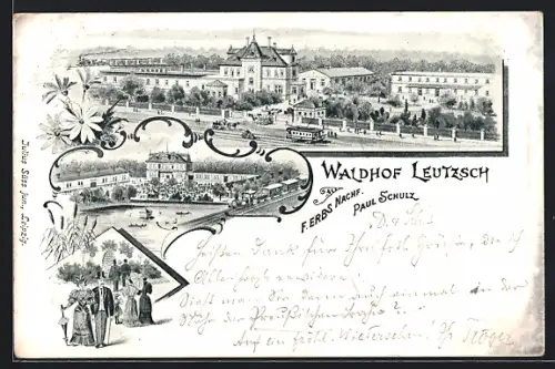 AK Leutzsch b. Leipzig, Hotel Waldhof Leutzsch, Inh. F. Erbs Nachf. Paul Schulz, Ortspartie mit Strassenbahn