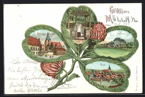 Passepartout-Lithographie Mölln i. L., Rathaus und Kirche, Hermanns-Quelle, Kurhaus, Totalansicht, Kleeblatt-Rahmen