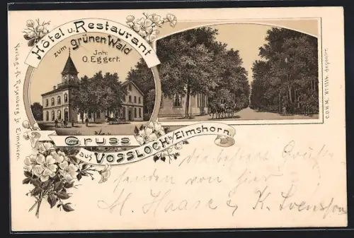 Lithographie Vossloch b. Elmshorn, Hotel und Restaurant zum grünen Wald, Inh. O. Eggert, Strassenpartie
