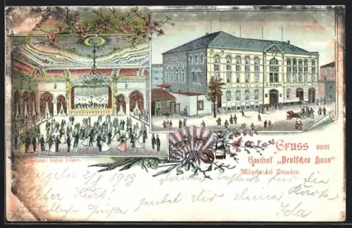 Lithographie Mügeln b. Dresden, Gasthof Deutsches Haus - Aussenansicht und Ballsaal