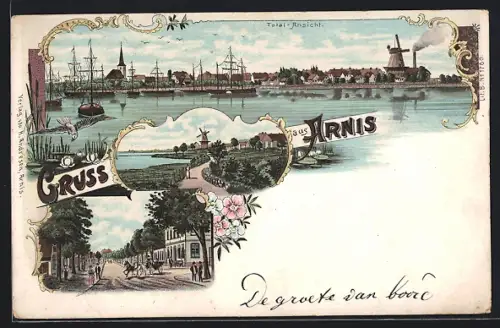 Lithographie Arnis, Hafen-Panorama, Strassenpartie und Blick zur Windmühle