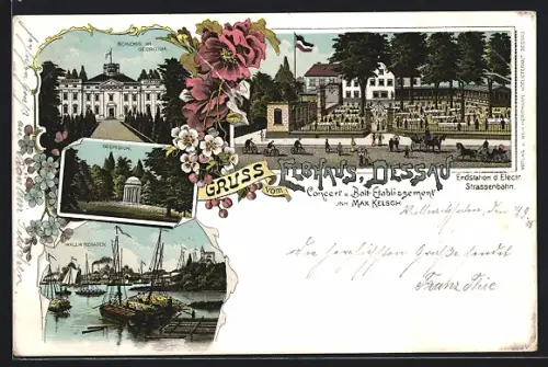 Lithographie Dessau, Gasthaus Elbhaus, Schloss im Georgium, Wallwitzhafen