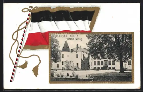 AK Gelting / Angeln, Schloss im patriotischen Fahnenschmuck