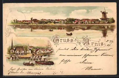 Lithographie Arnis, Panoramaansicht mit Windmühle, Hafenpartie