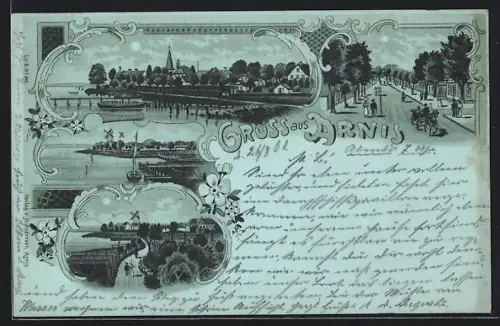 Mondschein-Lithographie Arnis, Hafenansicht, Blick zur Windmühle, Strassenpartie