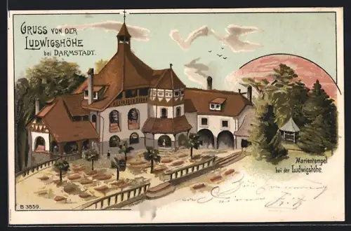Lithographie Darmstadt, Gasthaus Ludwigshöhe mit Marientempel und Gartenterrasse