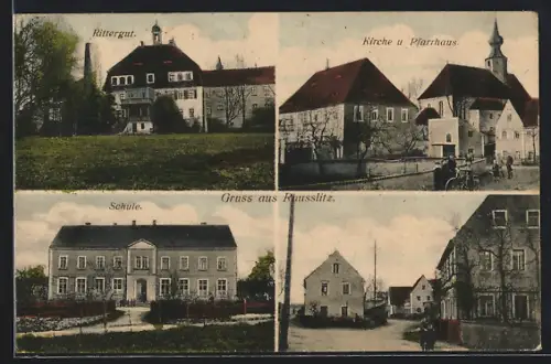 AK Rausslitz, Kirche und Pfarrhaus, Rittergut, Schule